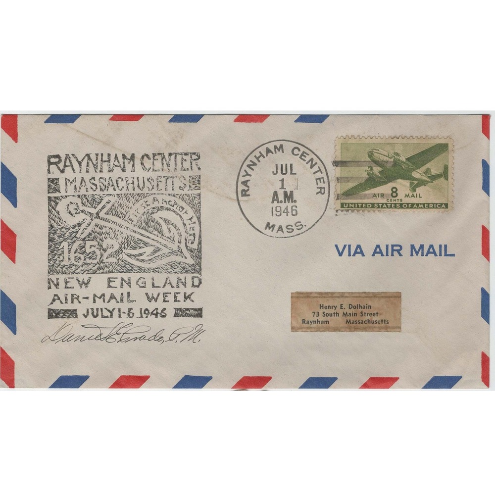 Vintage 1946 Raynham Center MA New England Air Mail Week Cover 8c Stamp VG - Picture 1 of 2